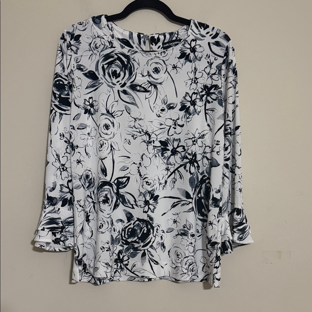 Karl Lagerfeld Black White Floral Blouse top women M casual jersey knit office